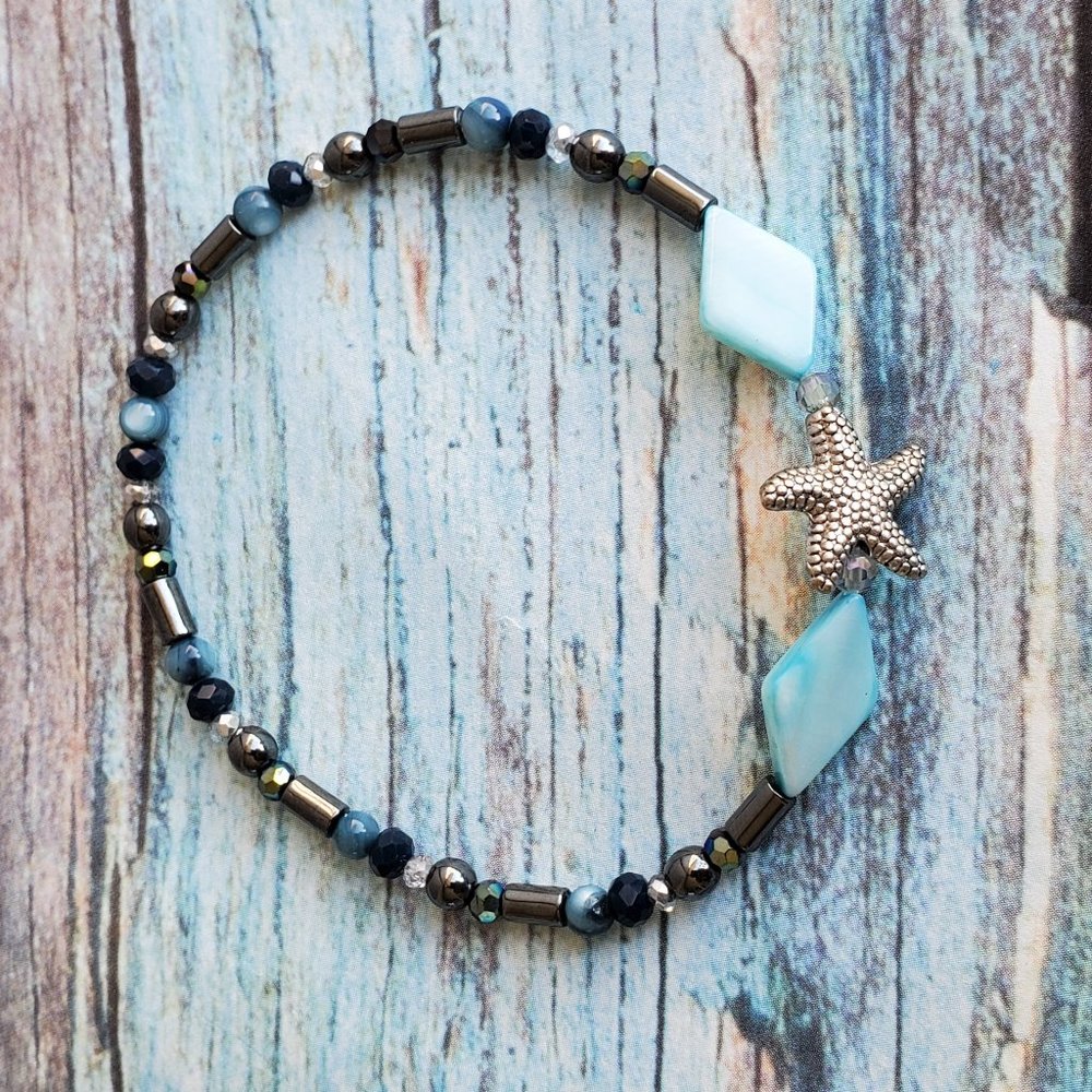 Hematite and Shell Starfish Bracelet